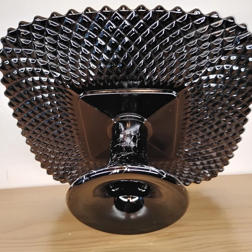 Vintage L E Smith Black Amethyst Glass Square Cake Stand Pedestal‎ White Drizzle